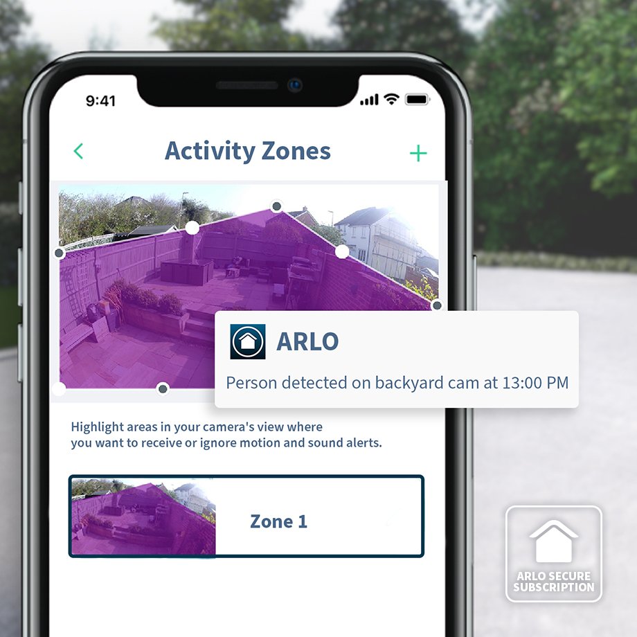 Activity zones interface of Arlo Secure app on a smartphone.